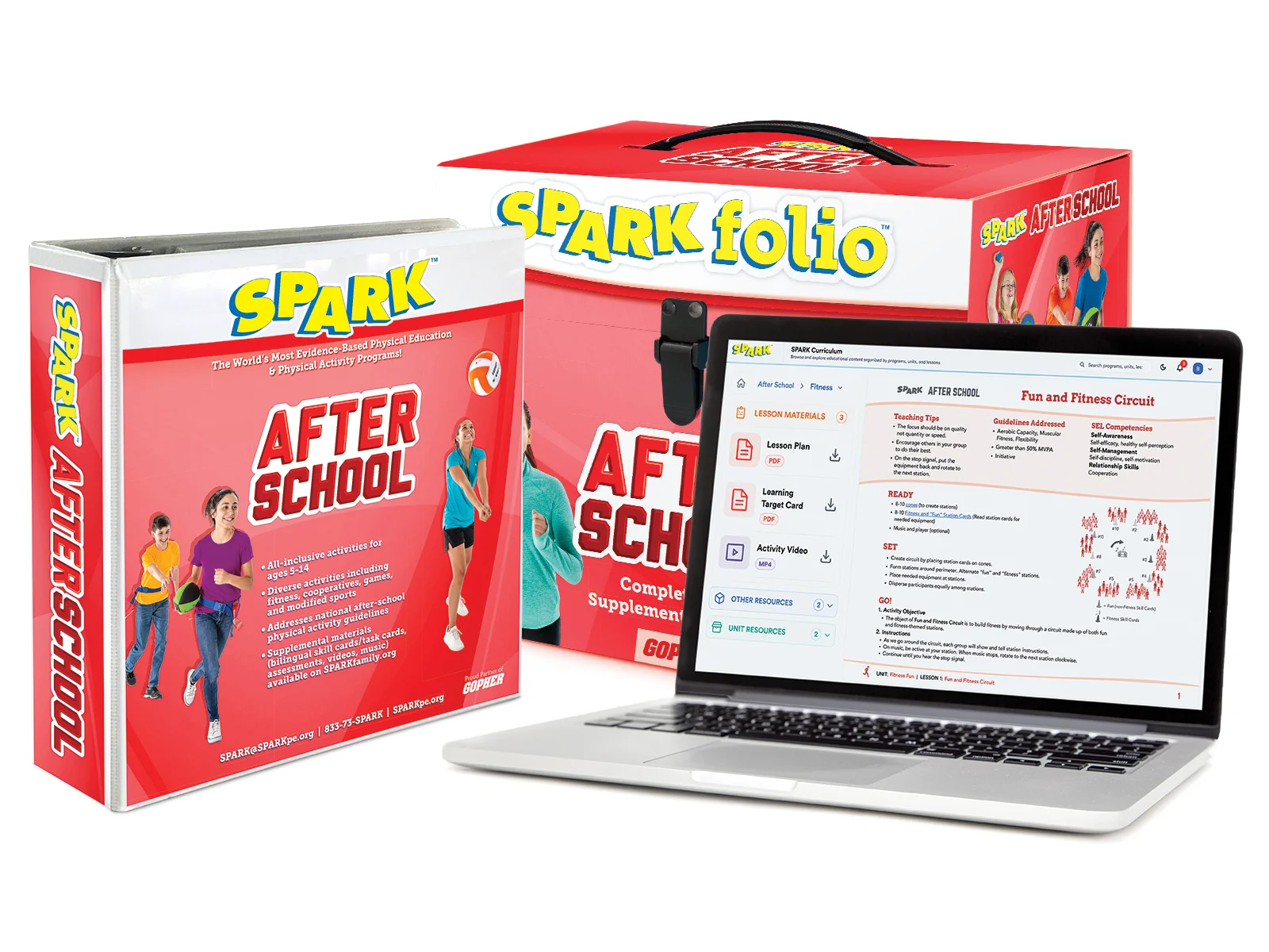 SPARK After School Curriculum Set with binder, SPARKfolio, and SPARK Digital on laptop