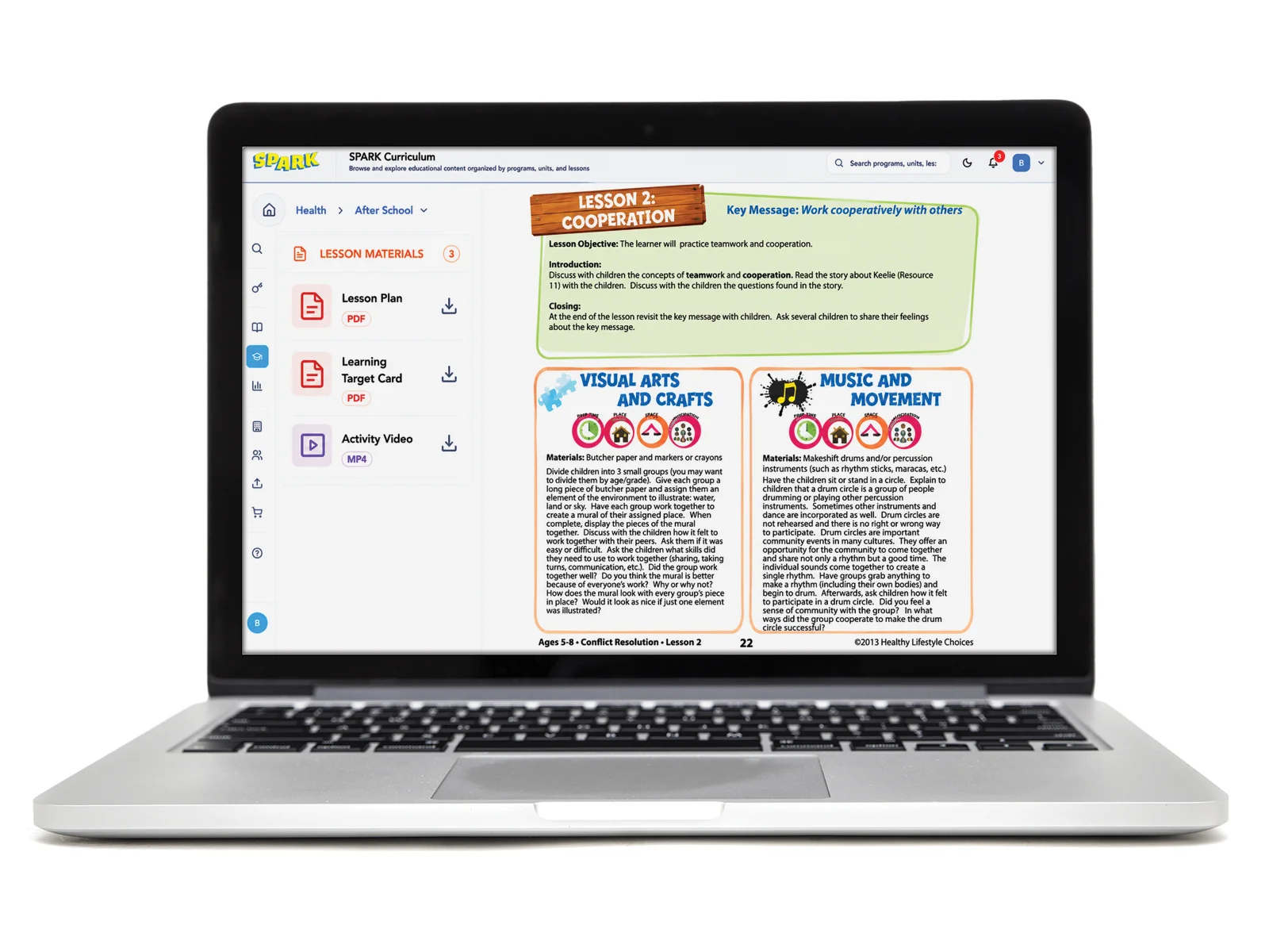 SPARK Health Education curriculum on a laptop showing a Cooperation lesson