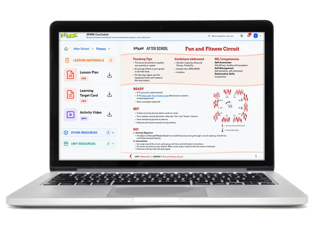 SPARK Digital platform on a laptop showing the After School Fun and Fitness Circuit lesson