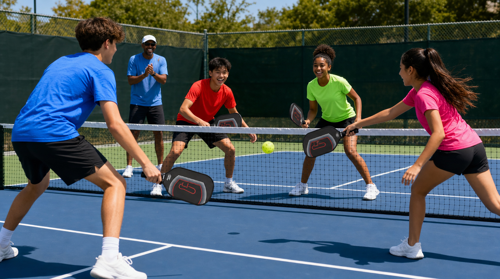 Students playing pickleball outdoors during a summer program