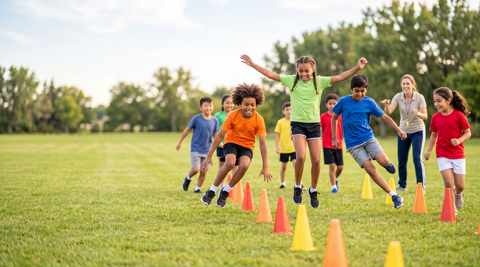 Kids jumping over cones in an outdoor summer activity