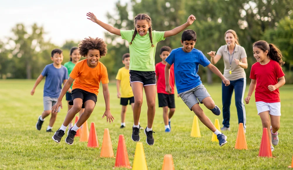 Students running through cones during a PE class