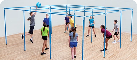 Students playing 9 Square in the Air beneath an elevated grid of nine squares