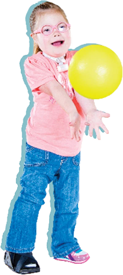 Young girl with glasses holding a yellow ball in a physical education class